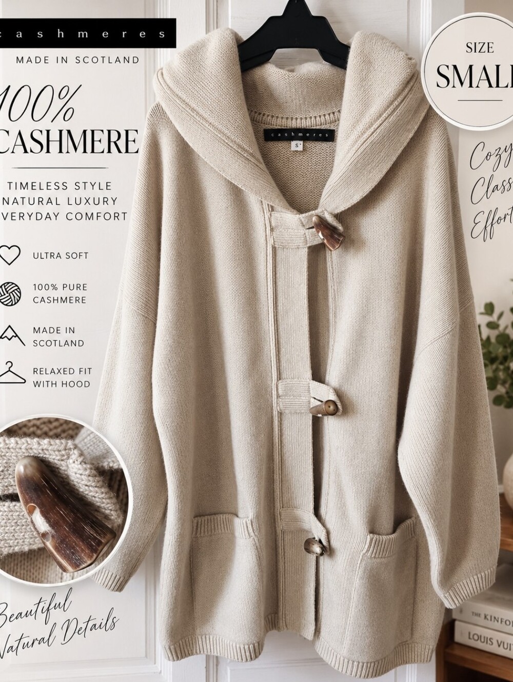 100% Cashmere Hooded Cardigan Jacket Made in Scotland Sz Small
